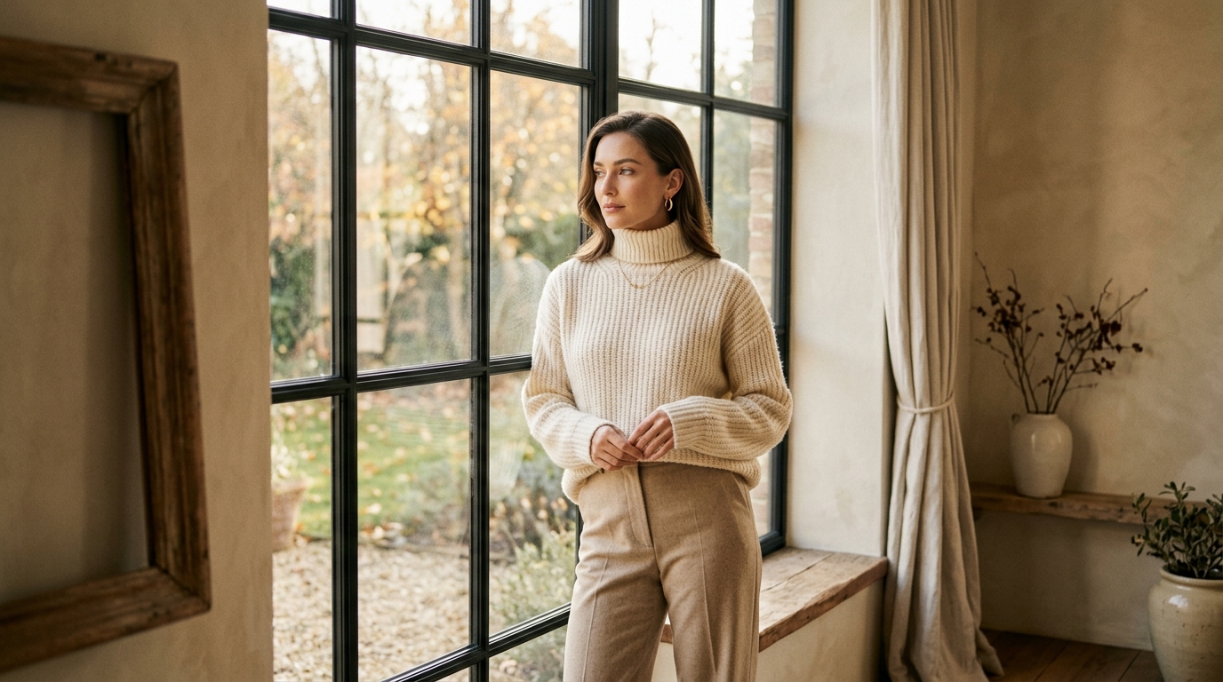 Woman in cream knitted turtleneck looking out grid window in soft sunlight
